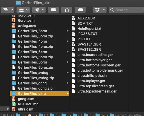 Mac finder window showing a folder full of correctly named Gerber files